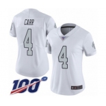 Women's Oakland Raiders #4 Derek Carr Limited White Rush Vapor Untouchable 100th Season Football Jersey