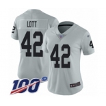 Women's Oakland Raiders #42 Ronnie Lott Limited Silver Inverted Legend 100th Season Football Jersey