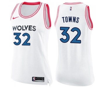 Women's Nike Minnesota Timberwolves #32 Karl-Anthony Towns Swingman White Pink Fashion NBA Jersey