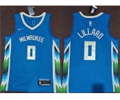 Men's Milwaukee Bucks #0 Damian Lillard Blue 2022-23 City Edition Stitched Basketball Jersey