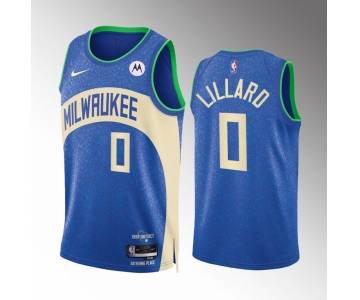 Men's Milwaukee Bucks #0 Damian Lillard Blue 2023-24 City Edition Stitched Basketball Jersey