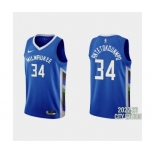 Men's Milwaukee Bucks #34 Giannis Antetokounmpo 2022-23 City Edition Blue Stitched Basketball Jersey