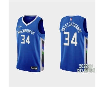 Men's Milwaukee Bucks #34 Giannis Antetokounmpo 2022-23 City Edition Blue Stitched Basketball Jersey