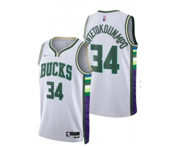 Men's Milwaukee Bucks #34 Giannis Antetokounmpo 75th Anniversary Diamond White 2021 Stitched Jersey